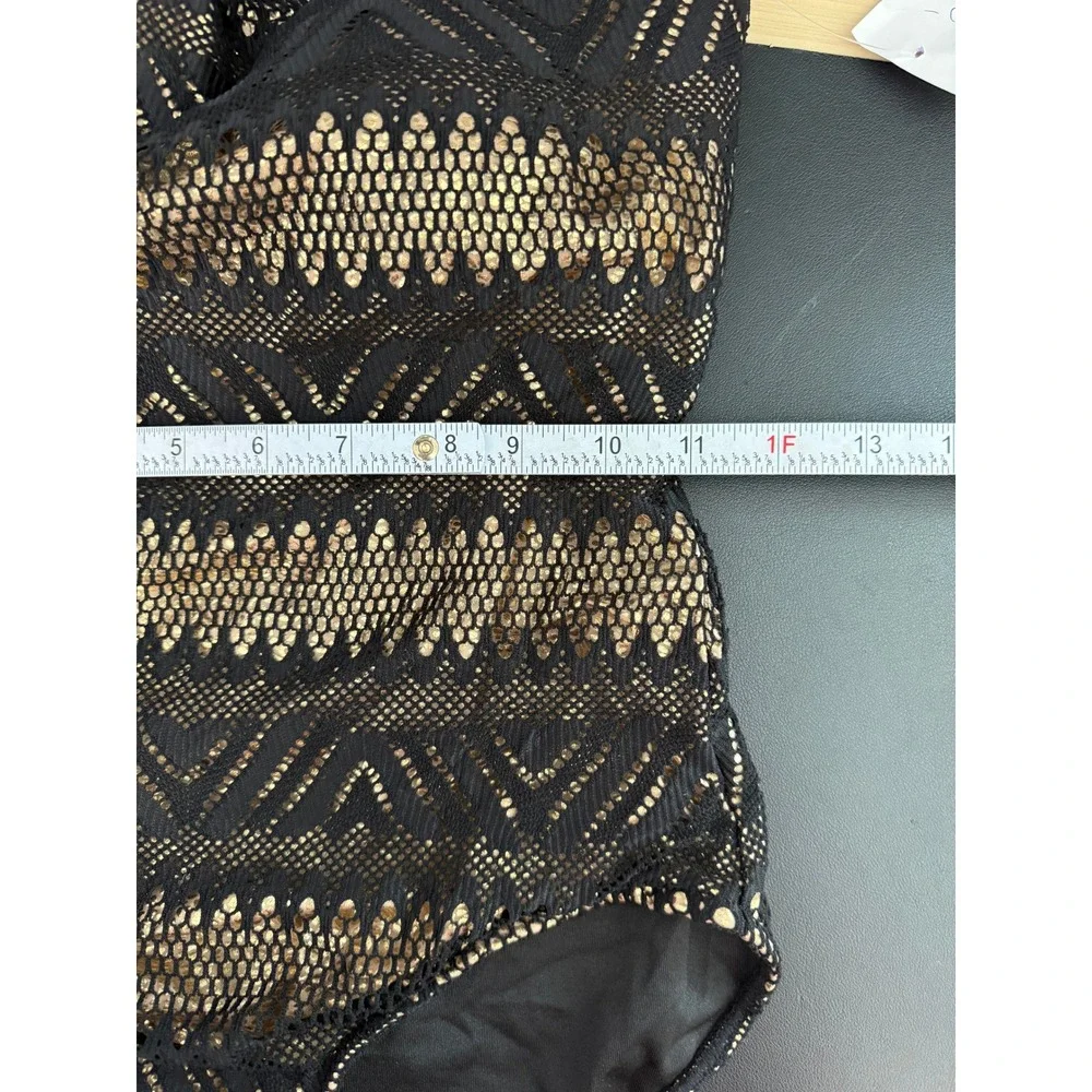 Cosita Linda Black Gold Metallic Lace Up Overlay One Piece Swimsuit‎ Resort Sz S